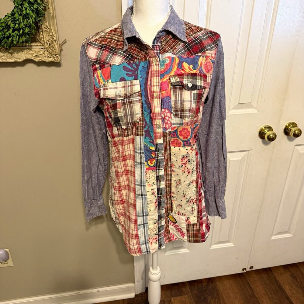 Sundance womens button-up shirt L multicolor plaid patchwork collared